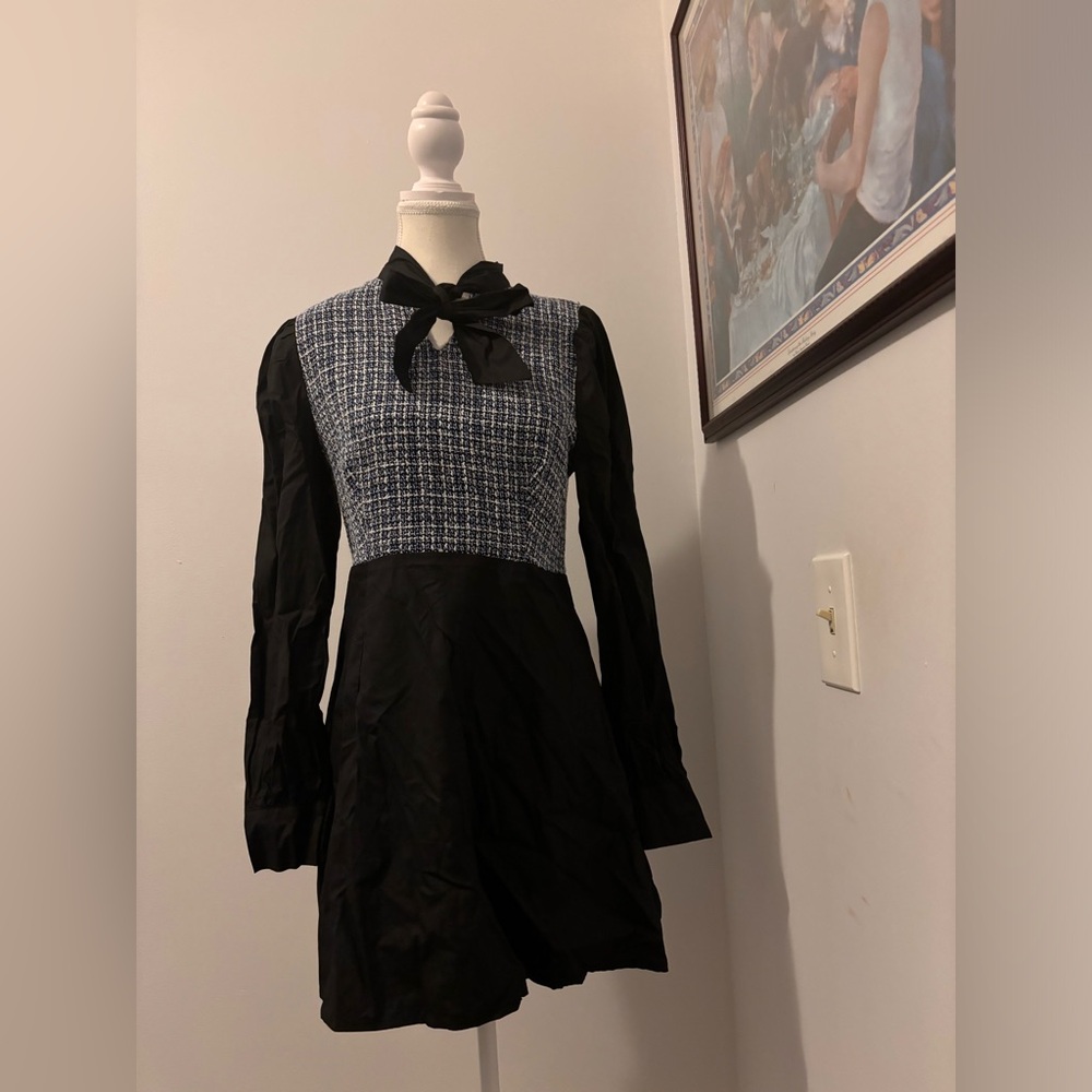 Chic Black and Blue Tweed Mini Dress with Tie-Neck Detail